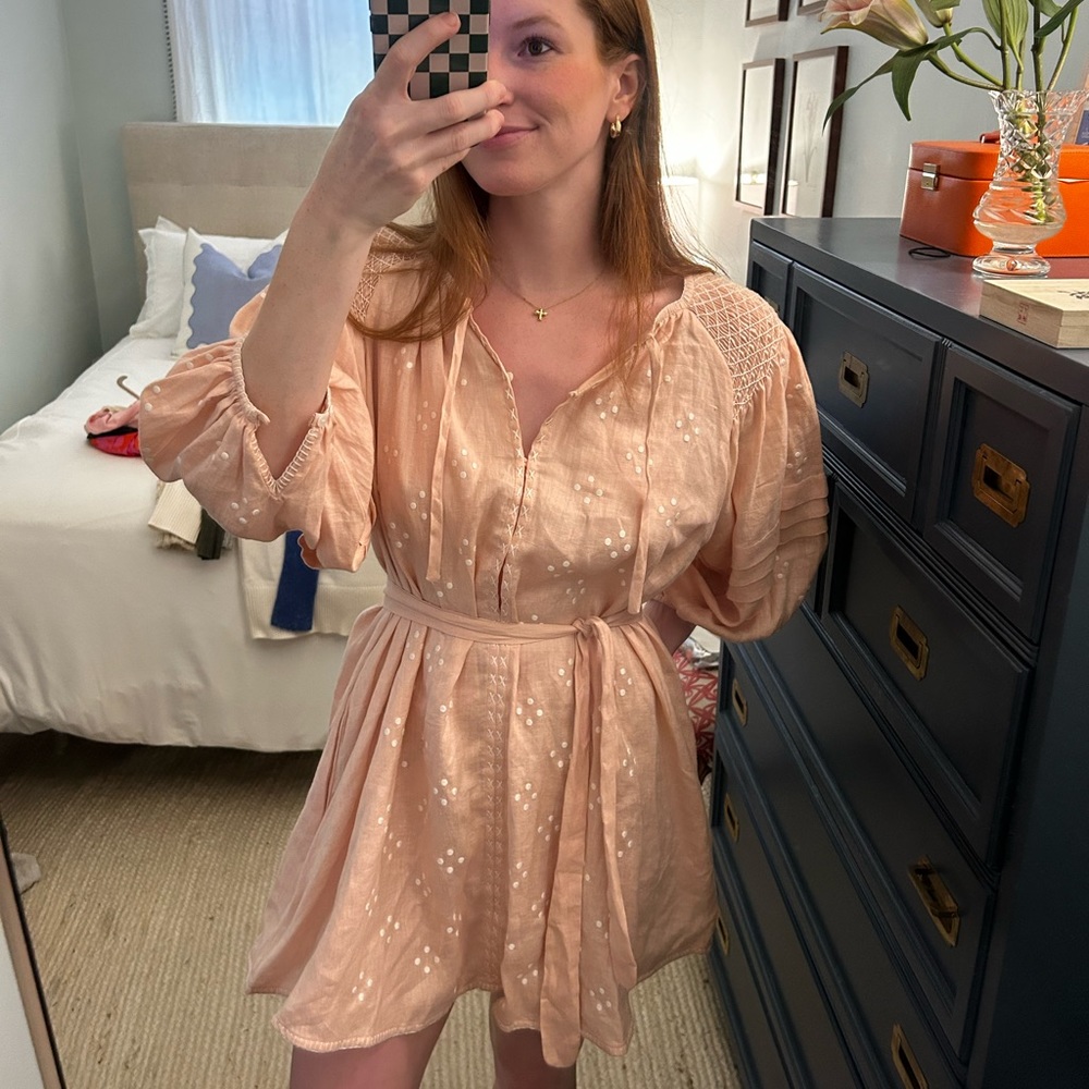 Inikka Choo Hans Ufmafrok Linen Mini Smock Dress Peach